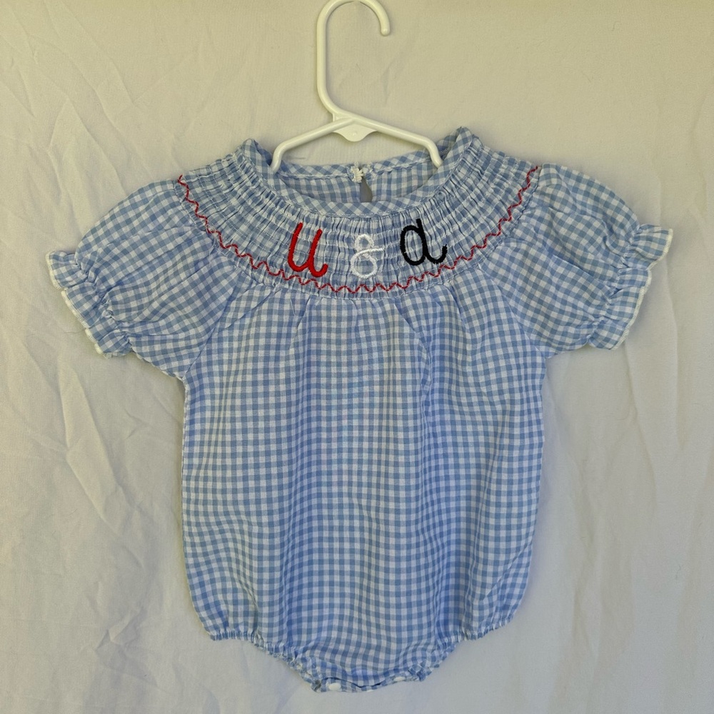 Blue Gingham Smocked Baby USA Bubble
